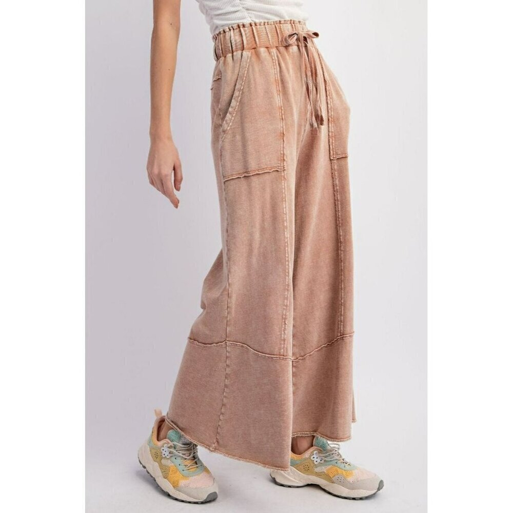 Chill Vibes Mineral Washed Terry Knit Wide Leg Pants in Cappuccino - Picture 1 of 5